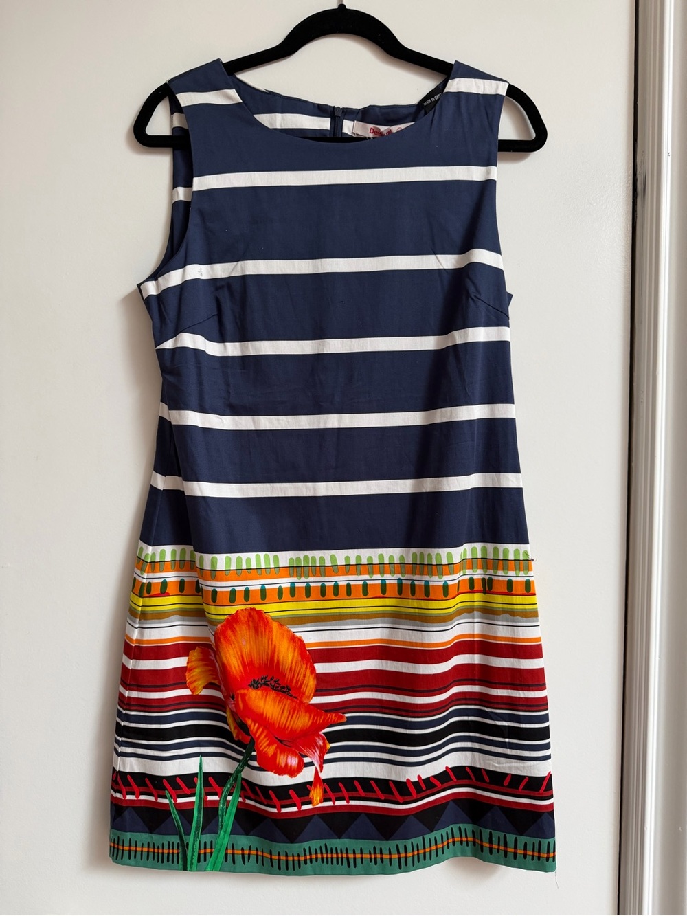 Desigual Navy & White Striped Mini Dress with Orange Floral Hem